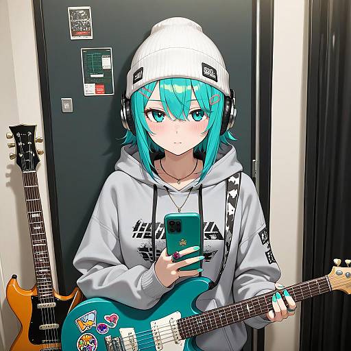 Aqua-Haired Girl with Electric Guitar