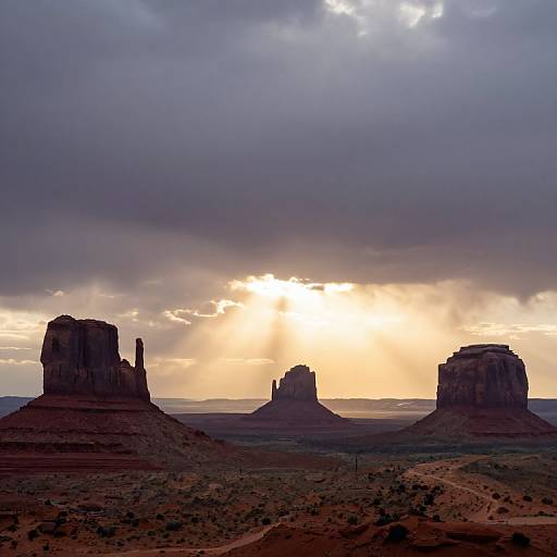 Photograph of a dramatic sunset over a desert landscape with three prominent mesa formations, under a cloudy sky with sun rays breaking through.