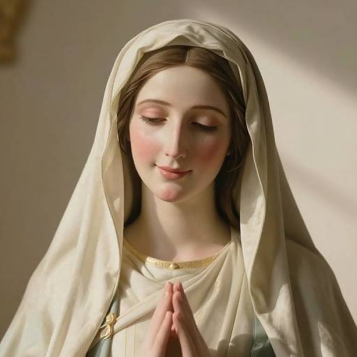 Photograph-style digital artwork of a serene, rosy-cheeked statue of a woman with brown hair, wearing a cream-colored veil and praying with