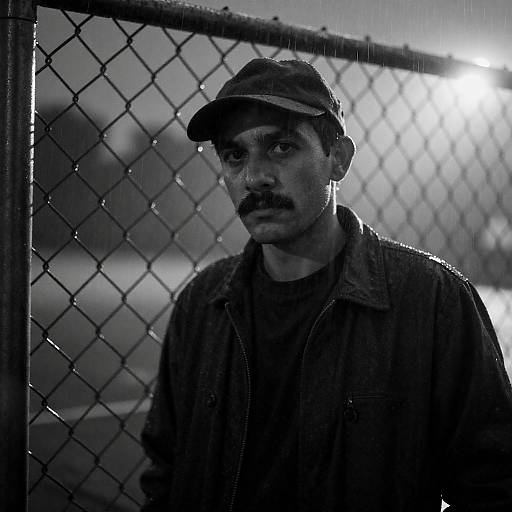 Black-and-White Rainy Fence Noir Portrait