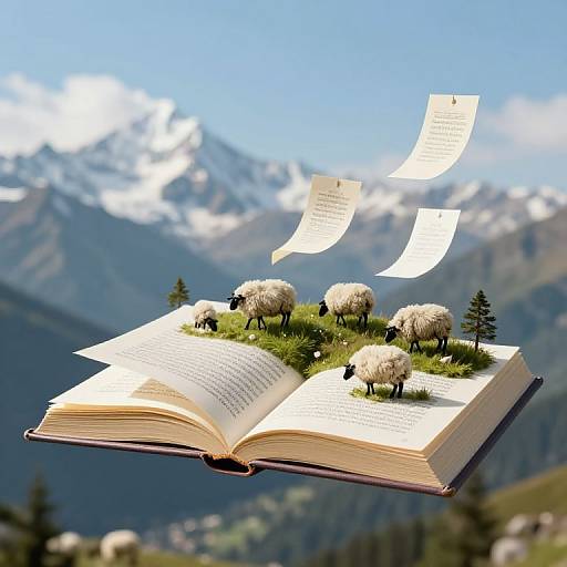 Photograph of an open book floating in the air with sheep grazing on its pages, surrounded by mountains and floating papers.