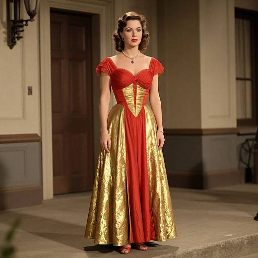 Photograph of a woman in vintage-style red and gold dress with off-the-shoulder sleeves, standing in an old, dimly-lit building