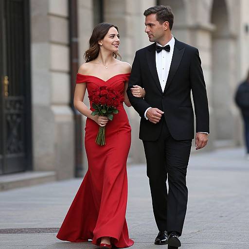 Photograph of a smiling couple walking on a cobblestone street; she wears a red off-shoulder gown holding a bouquet, he in a