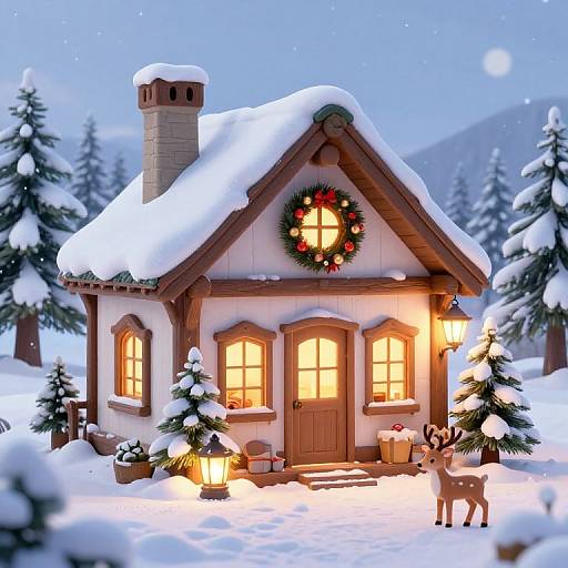 Cute CGI Christmas cottage with snow-covered roof, warmly lit windows, wreath, lanterns, reindeer ornament, and snow-covered pine trees in