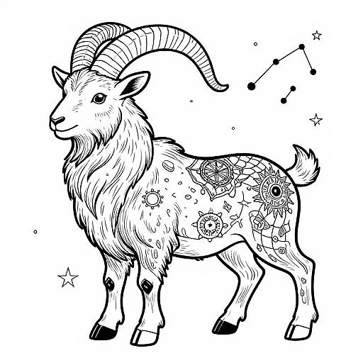 Black and white line drawing of a goat with intricate star and constellation patterns on its fur, large curved horns, and a side profile. Stars and const
