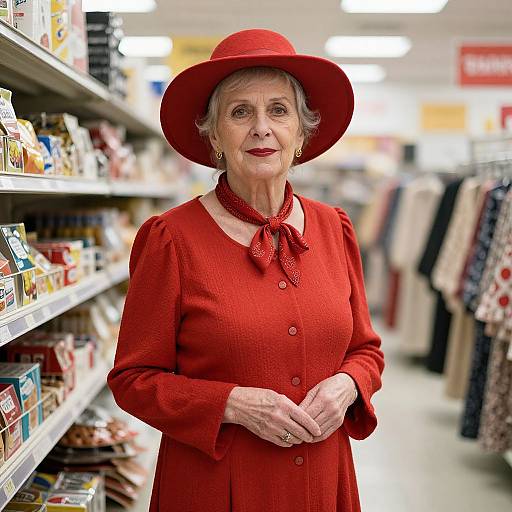 Photograph of an elderly woman with short white hair, wearing a red hat, red dress, and red scarf, standing in a brightly lit department store