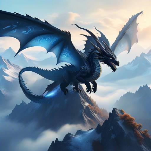 Whimsical Dark Dragon Above Misty Mountains