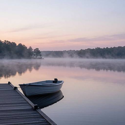 Photograph of a tranquil lake at dawn, with a small, empty rowboat moored on a wooden dock, surrounded by mist. Soft pink and