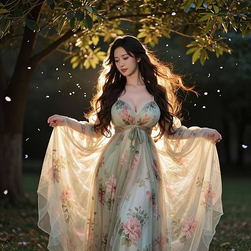 Photograph of a fair-skinned woman with long, wavy brown hair, wearing a flowing, floral, V-neck dress, holding out sheer fabric