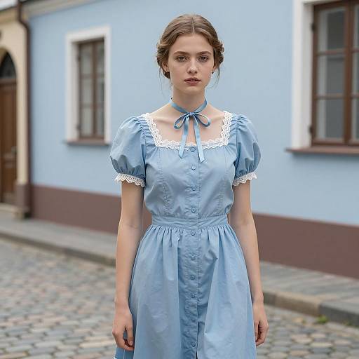 Young Woman in Blue German Dress on Cobblestone Street