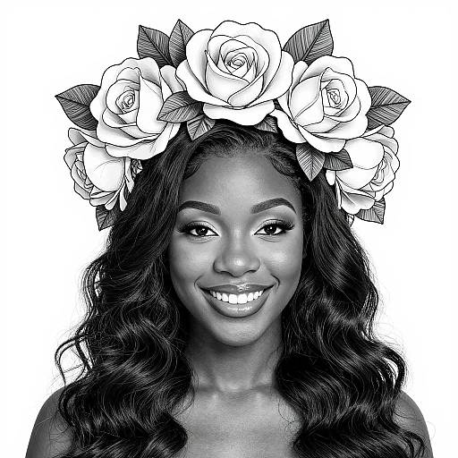 Black-and-white portrait of a smiling Black woman with long wavy hair, wearing a detailed rose crown, against a white background.