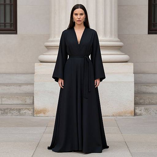 Photograph of a woman with long black hair, wearing a black, long-sleeved, V-neck maxi dress, standing in front of a stone