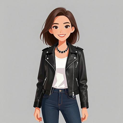 Digital illustration of a smiling woman with light skin, straight brown hair, wearing a black leather jacket, white shirt, black necklace, and blue jeans,