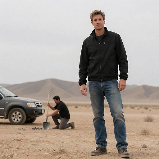 Two Men in Desert by SUV