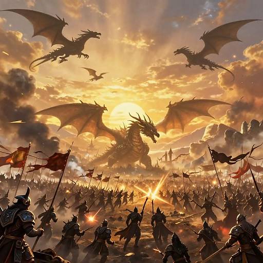 Epic digital art of a sunlit battlefield with silhouetted warriors, flying dragons, and fiery flags against a dramatic, cloudy sky.