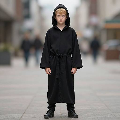 Photograph of a blonde boy in a black hooded robe, standing in a blurred urban street, with muted colors and soft focus.
