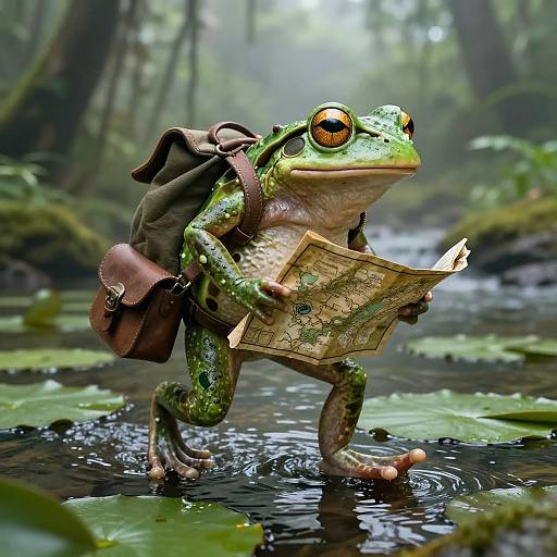 Photorealistic CGI of a green frog with orange eyes, wearing a brown backpack and map, wading through a lush forest stream.
