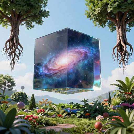Photorealistic CGI: Floating transparent cube with a vibrant galaxy inside, surrounded by lush garden with colorful flowers, trees, and a bright blue sky.