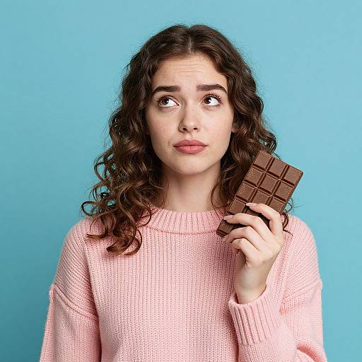 Photograph of a young woman with wavy brown hair, wearing a pink knitted sweater, holding a chocolate bar against a bright blue background, looking