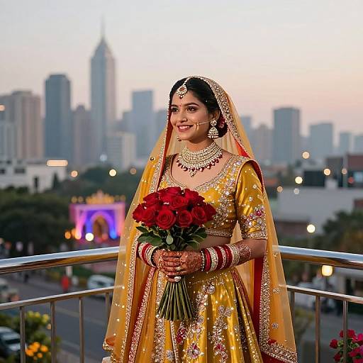 Joyful Dulha on City Balcony