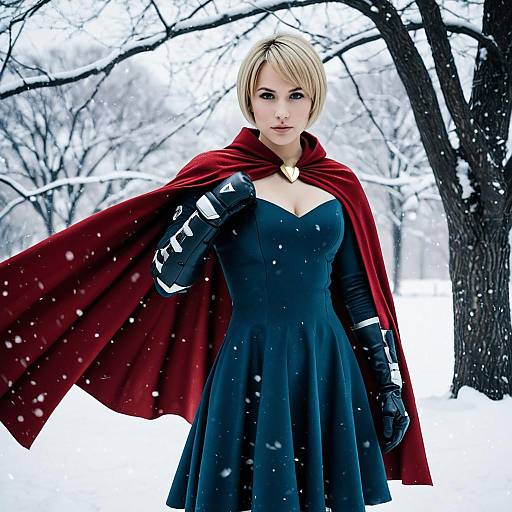 Woman in Red Cape and Blue Dress in Snowy Forest