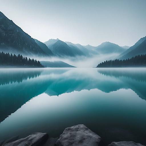 Cyan Fog Over Distant Mountain Lake