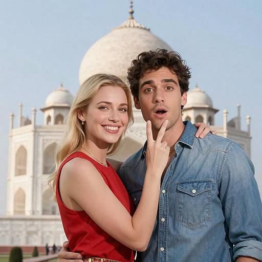 Joyful Couple with Taj Mahal Silhouette