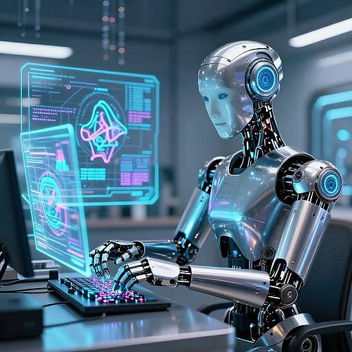 Photorealistic CGI of a silver, futuristic robot with glowing blue accents typing on a neon-lit computer in a high-tech lab.