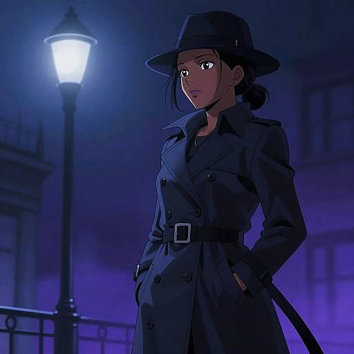 Anime-style digital drawing of a mysterious woman in a dark blue trench coat and hat, standing under a glowing streetlamp at night, with blue-tint