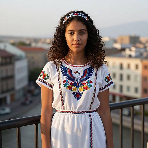 Photograph of a young woman with curly dark hair, wearing a white dress with colorful embroidered bird and flower patterns, standing on a balcony with a city