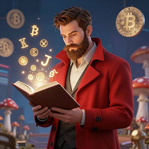 Digital illustration of a bearded man in a red coat, reading a glowing book with floating alphabet symbols, surrounded by mushrooms in a fantasy setting.