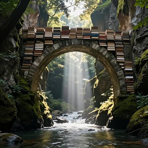 Photorealistic CGI: Stone arch bridge covered in colorful books spanning a forest stream, sunlight filtering through trees, creating a magical, ethereal atmosphere.