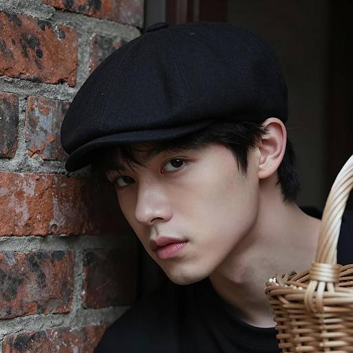 Young man in black flat cap with wicker basket