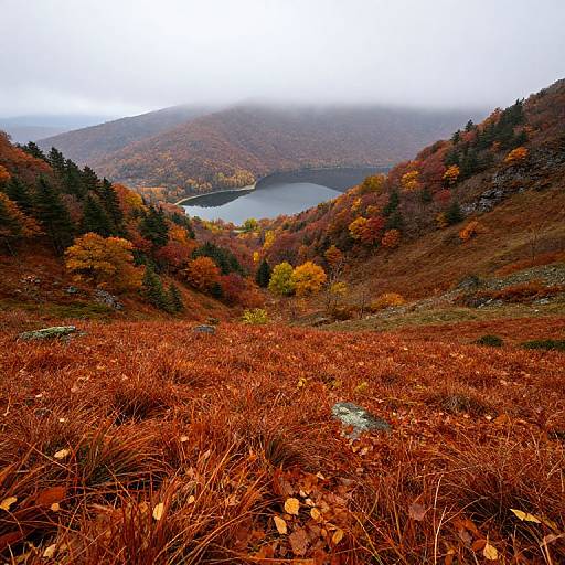 Photograph of a misty autumn landscape with red and orange foliage, a serene lake, and forested hills in the background.
