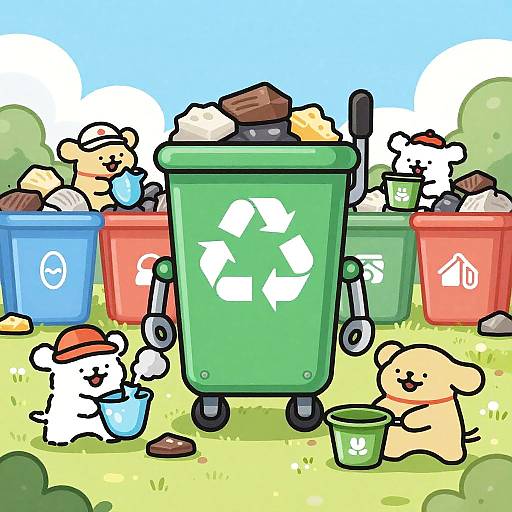 Cartoon image of cute white dogs with hats, cleaning up with a green recycling bin featuring recycling symbols, surrounded by other bins and trash. Bright,
