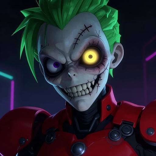 CGI image of sinister animatronic character with green spiky hair, white face, black stitches, yellow glowing eye, red armor, and creepy