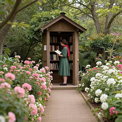 Photograph of a woman in a green dress and red scarf reading a book in a wooden garden shed, surrounded by pink and white roses.