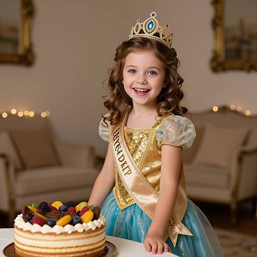Photograph of a smiling young girl with curly brown hair wearing a gold crown, blue tulle dress, and sash, leaning on a fruit-t