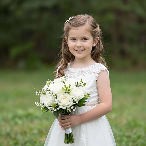 Photograph of a smiling young girl with brown hair in pigtails, wearing a white lace dress, holding a white rose bouquet, standing in a