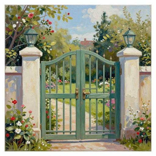 Digital painting of a green, arched garden gate with lanterns, flanked by white pillars, surrounded by vibrant flowers and lush greenery.