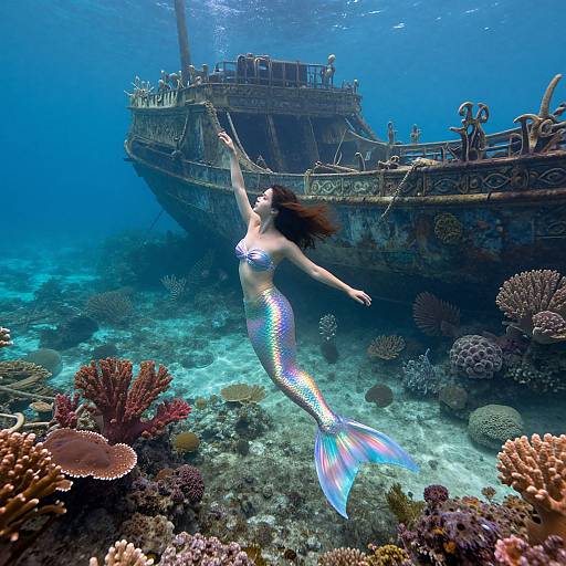 Photograph: Mermaid with iridescent tail swims gracefully by sunken, ornate ship, surrounded by colorful coral reefs underwater in vibrant blue sea