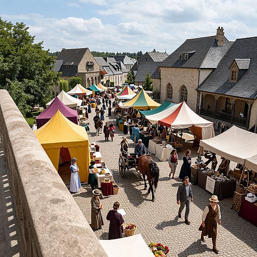 Vibrant outdoor market in a quaint French village, bustling with people, colorful tents, antique stalls, horse-drawn carts, and historic stone buildings