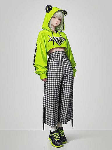 Woman in Neon Green Cropped Hoodie and Gingham Pants