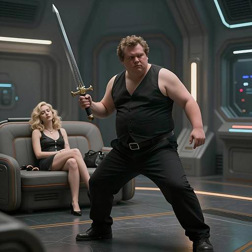 Man with Sword and Woman on Futuristic Couch
