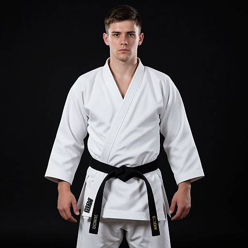 Photograph of a young Caucasian man with short dark hair, wearing a white karate gi with a black belt, standing against a black background.