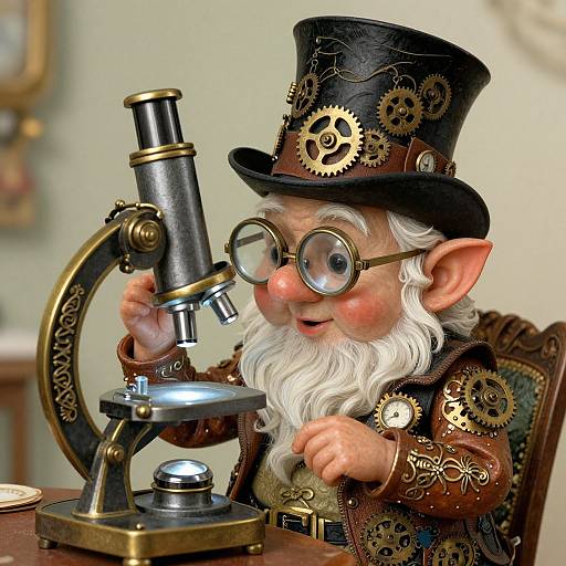 Photograph of a whimsical, elderly gnome with white beard, round glasses, and steampunk attire, examining a brass microscope.