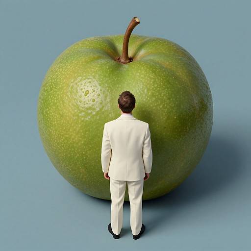 Photorealistic image of a man in a white suit standing in front of a giant green apple on a blue background.