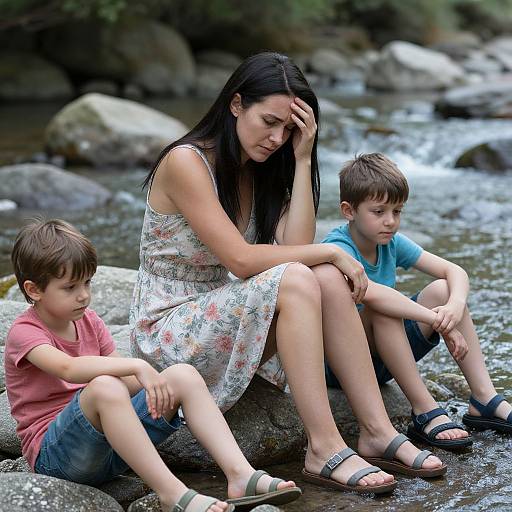 Photograph of a sad woman in a floral dress, sitting on rocks by a stream with two young boys, one in red shirt and the other in