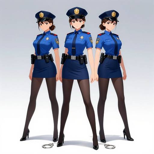 Digital illustration of three identical anime-style female police officers in blue uniforms, black skirts, stockings, and hats, standing side by side.