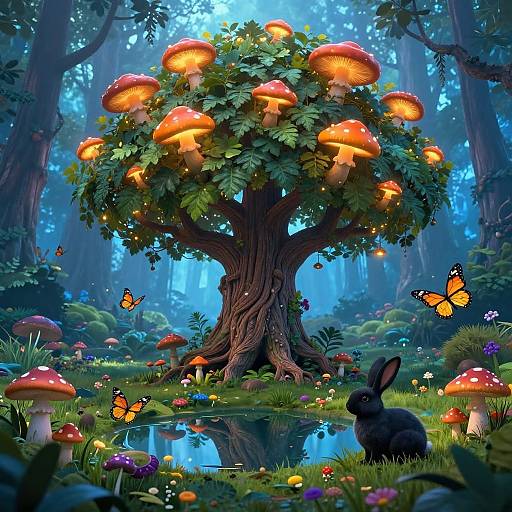 Fantastical forest scene: glowing mushroom tree, glowing butterflies, black rabbit by a reflective pond, colorful flowers, vibrant blue light, detailed digital art